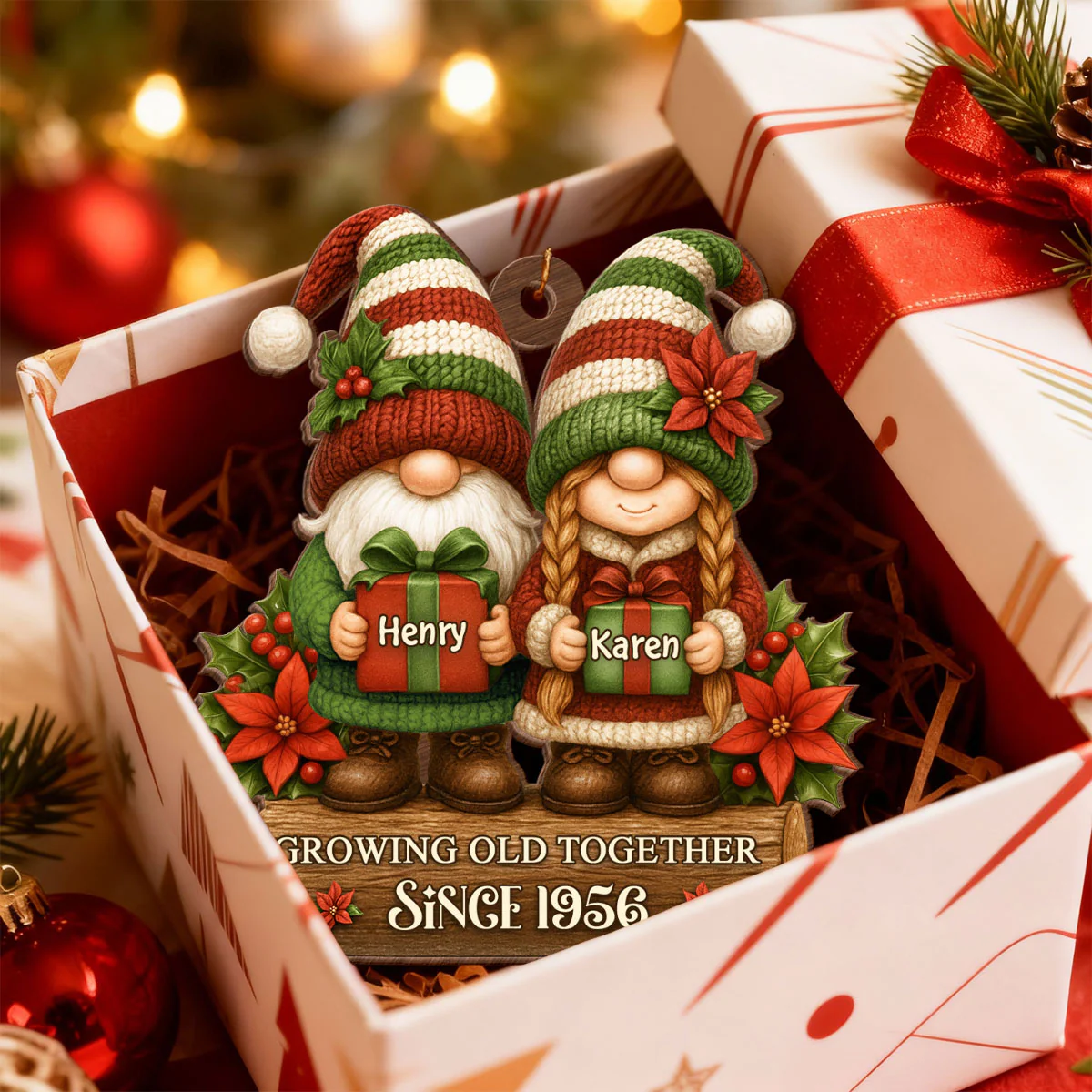 Gnome Couple Growing Old Together - Personalized Wooden Ornament - Christmas Gift for Husband, Wife - Image 5