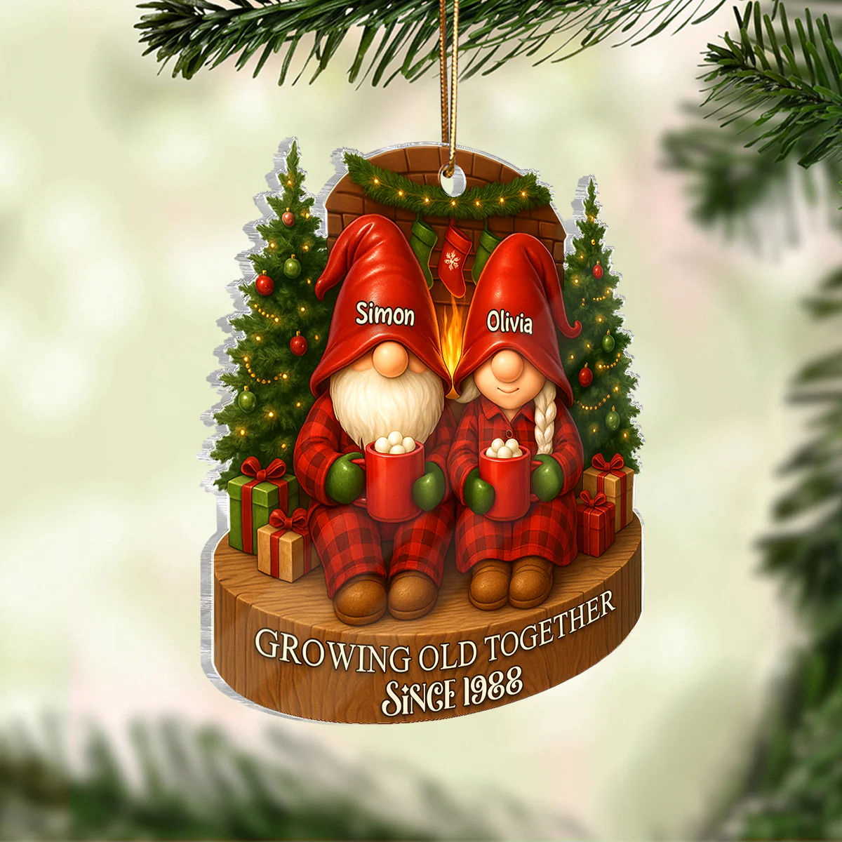 Gnome Couple With Hot Cocoa - Personalized Acrylic Ornament - Special Christmas Gift For Grandma, Grandpa, For Her, For Him - Image 2