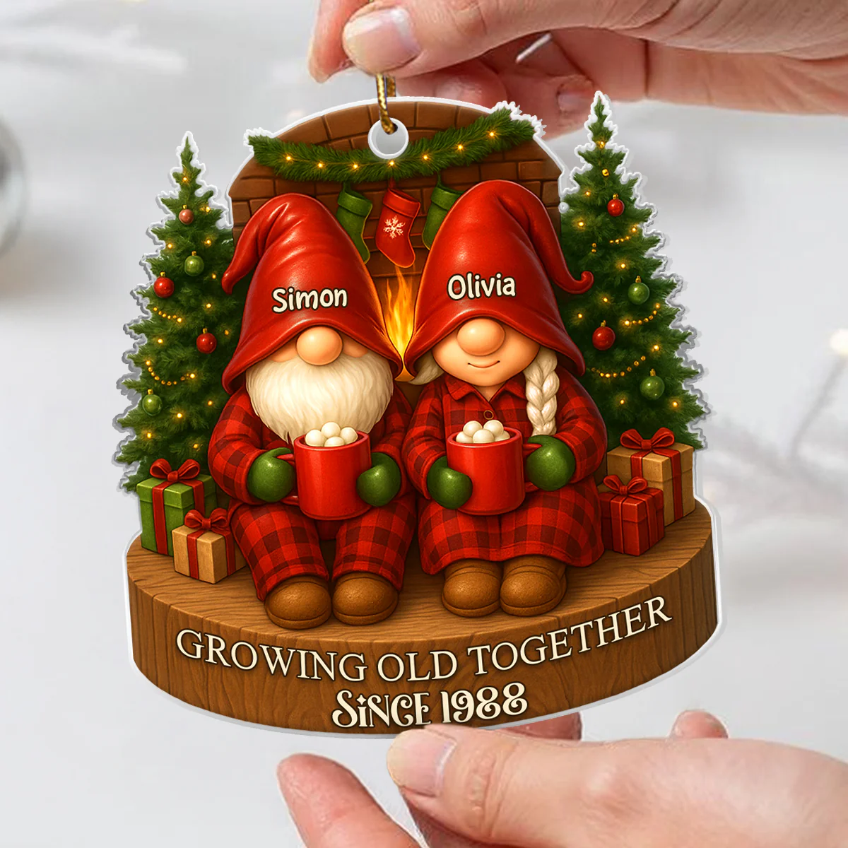 Gnome Couple With Hot Cocoa - Personalized Acrylic Ornament - Special Christmas Gift For Grandma, Grandpa, For Her, For Him - Image 3