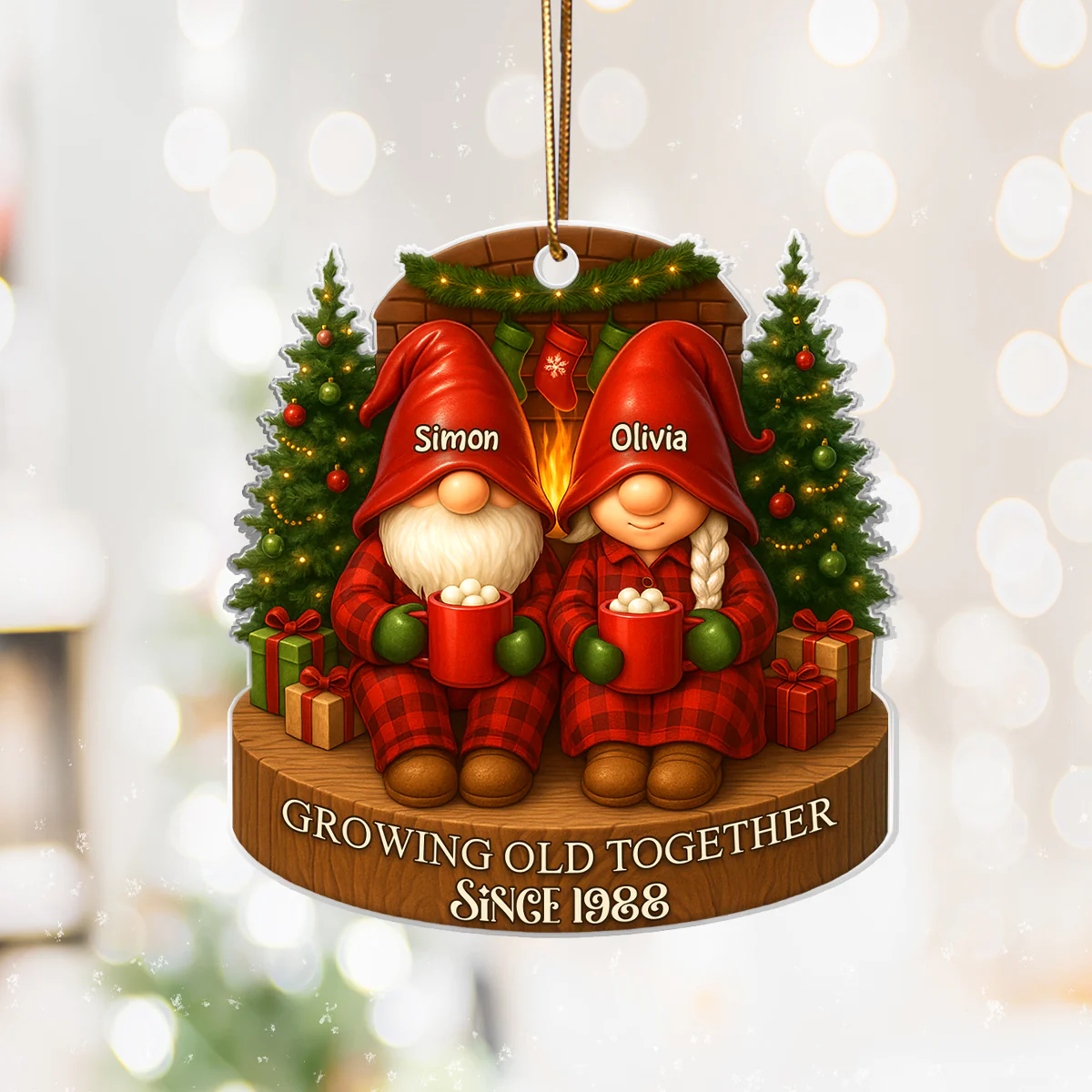 Gnome Couple With Hot Cocoa - Personalized Acrylic Ornament - Special Christmas Gift For Grandma, Grandpa, For Her, For Him - Image 4