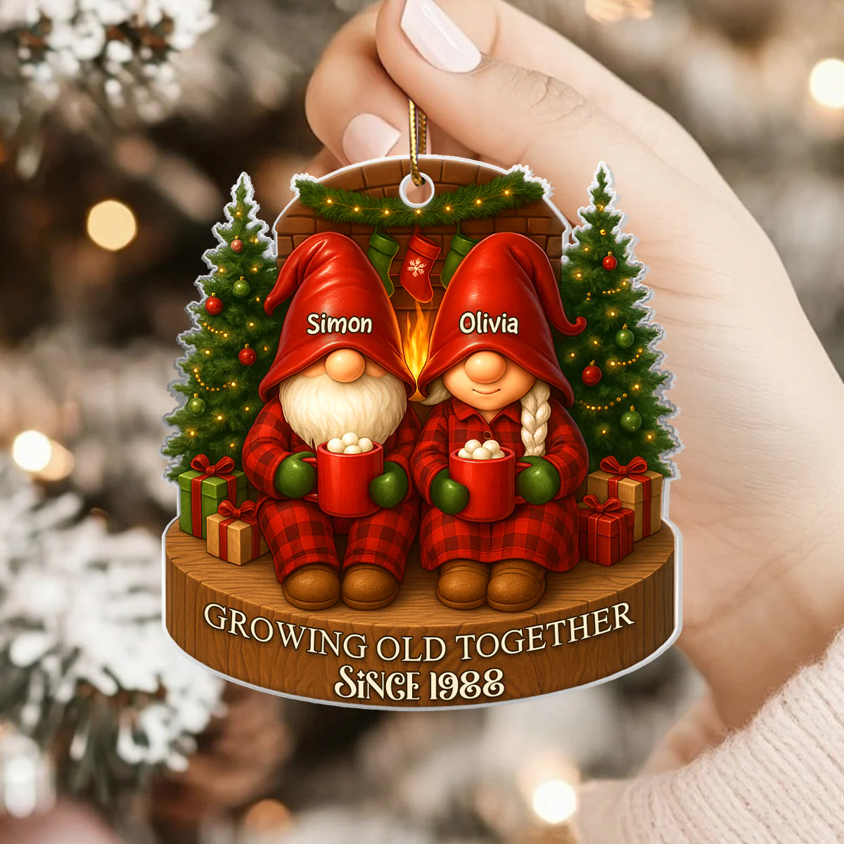 Gnome Couple With Hot Cocoa - Personalized Acrylic Ornament - Special Christmas Gift For Grandma, Grandpa, For Her, For Him - Image 5
