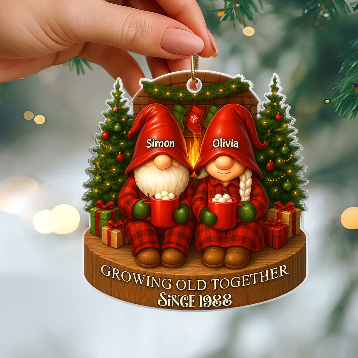 Gnome Couple With Hot Cocoa - Personalized Acrylic Ornament - Special Christmas Gift For Grandma, Grandpa, For Her, For Him - Image 6