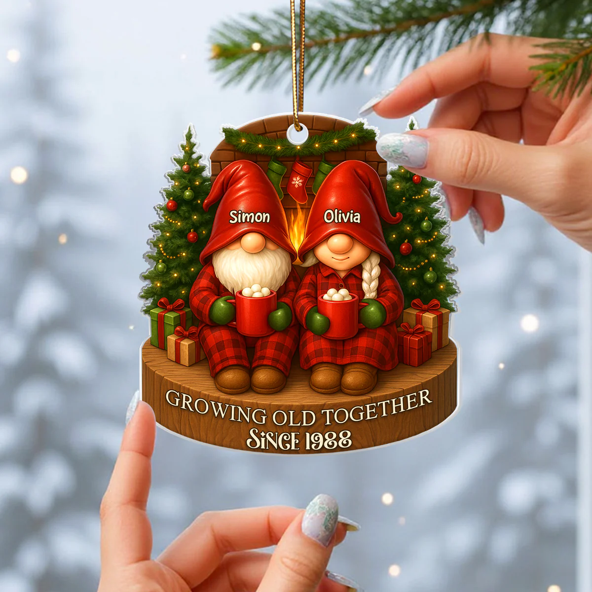 Gnome Couple With Hot Cocoa - Personalized Acrylic Ornament - Special Christmas Gift For Grandma, Grandpa, For Her, For Him - Image 7
