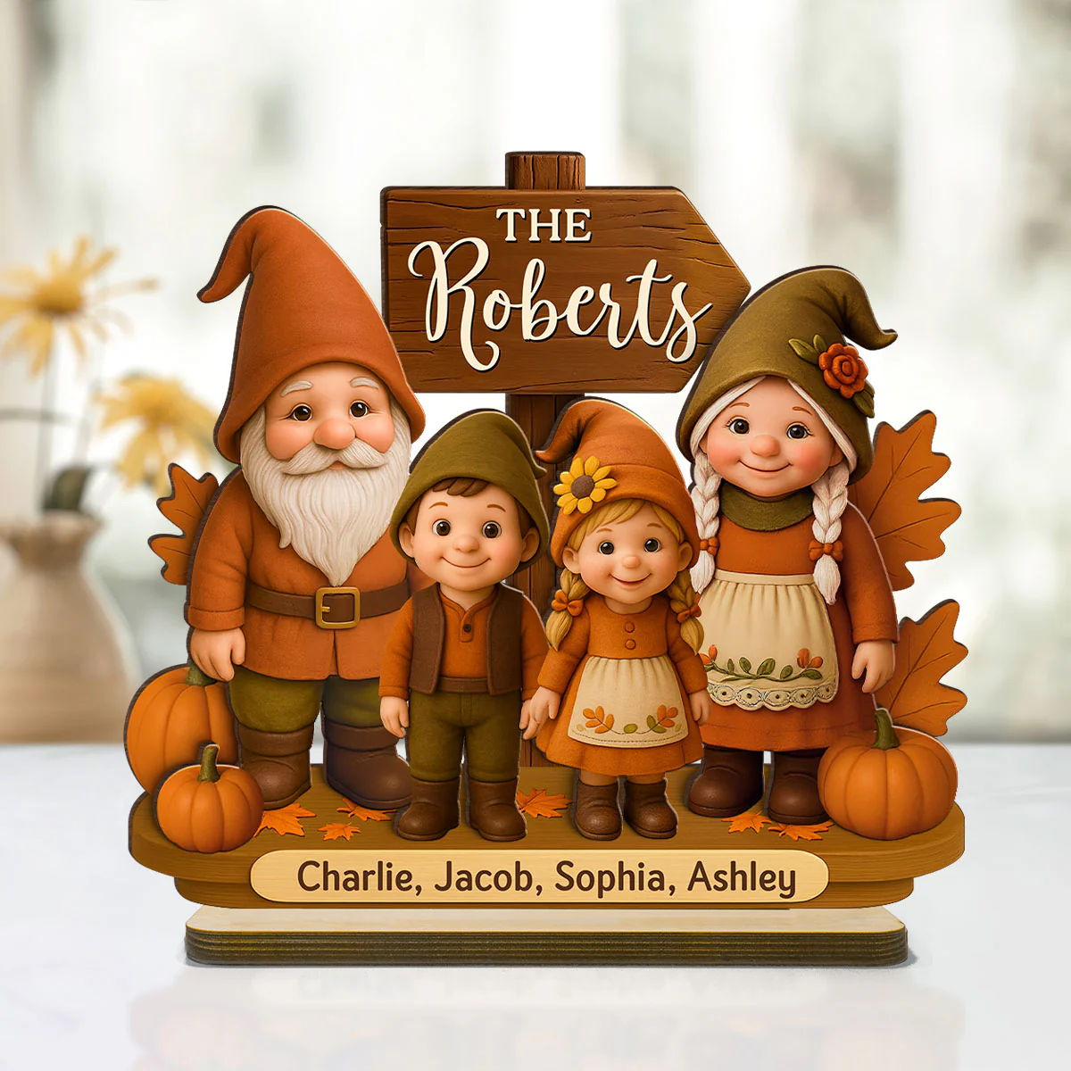 Gnome Family Fall Season Personalized 2-Layer Standing Wooden Plaque