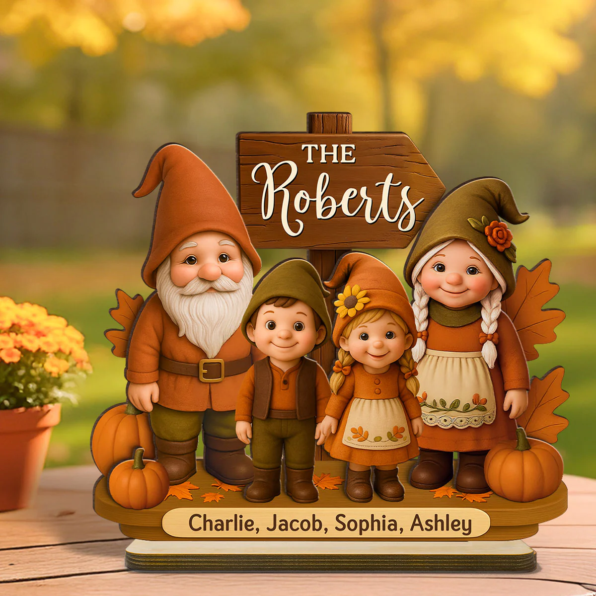 Gnome Family Fall Season Personalized 2-Layer Standing Wooden Plaque - Image 3