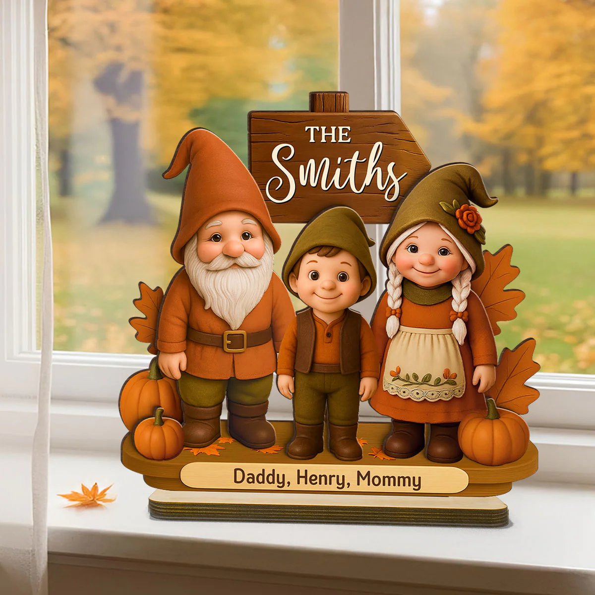 Gnome Family Fall Season Personalized 2-Layer Standing Wooden Plaque - Image 4