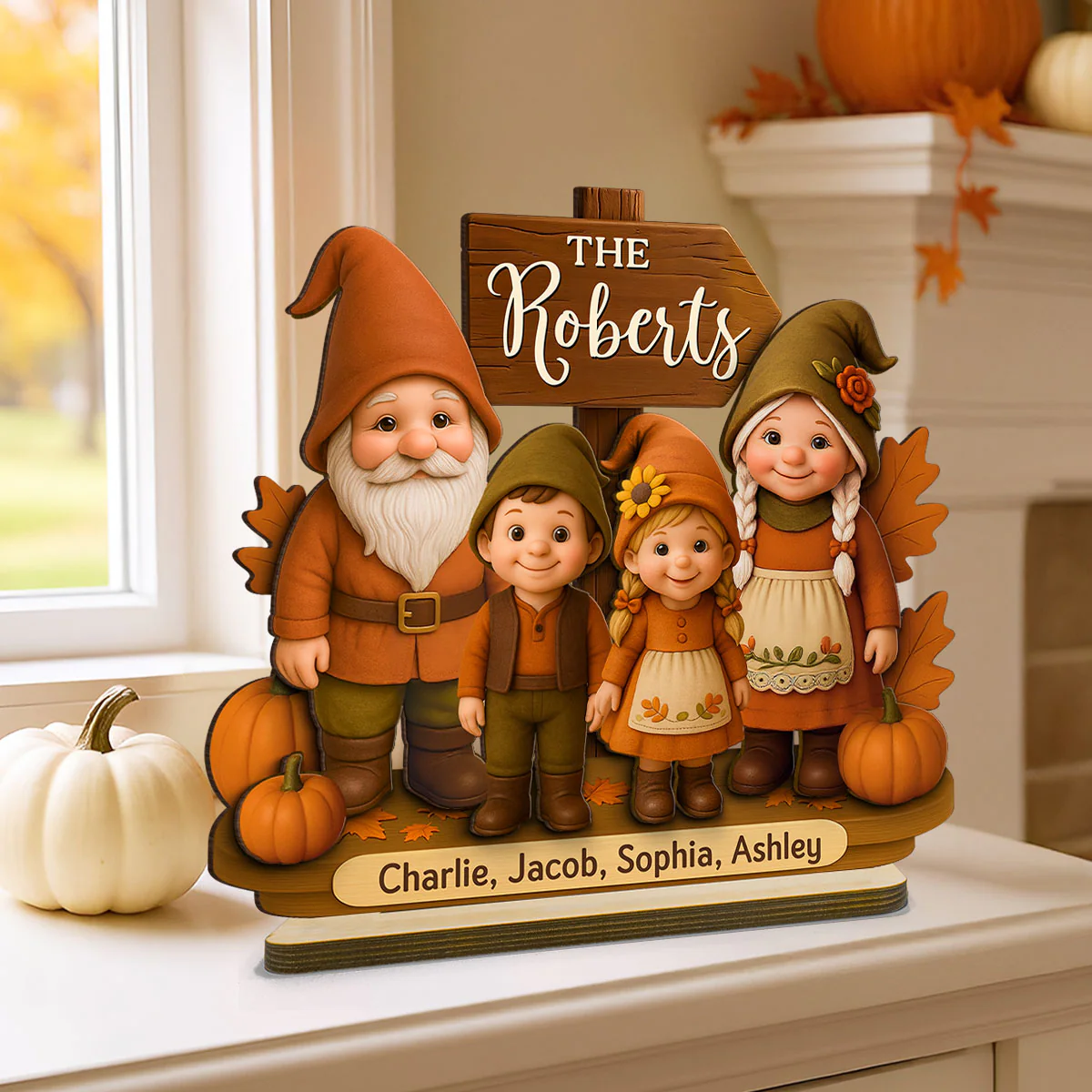 Gnome Family Fall Season Personalized 2-Layer Standing Wooden Plaque - Image 5