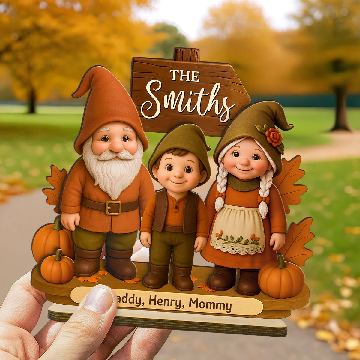 Gnome Family Fall Season Personalized 2-Layer Standing Wooden Plaque - Image 6