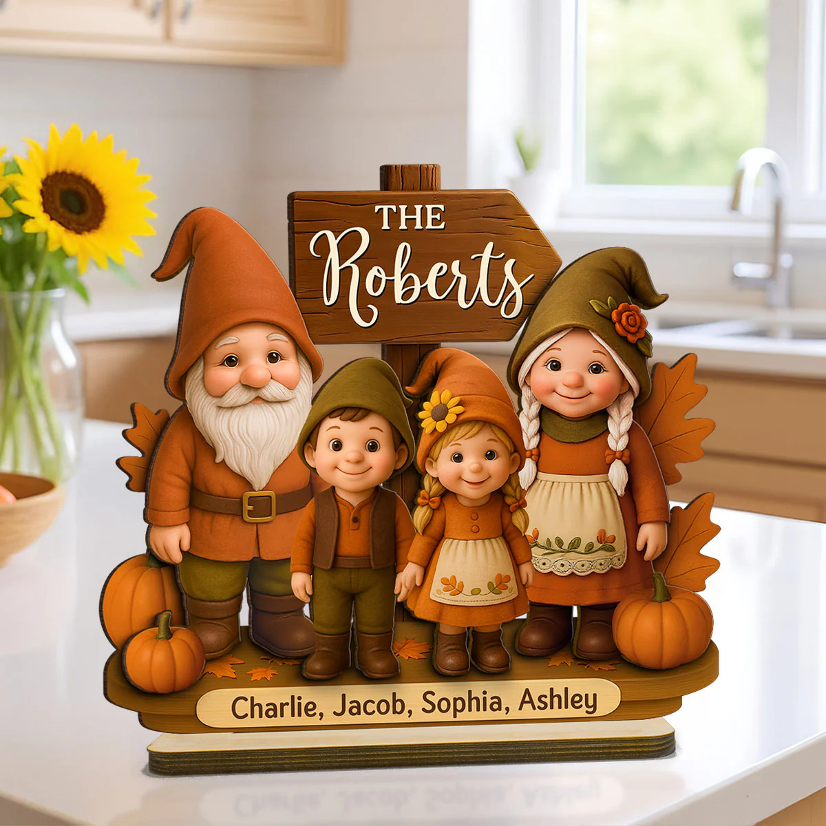 Gnome Family Fall Season Personalized 2-Layer Standing Wooden Plaque - Image 7