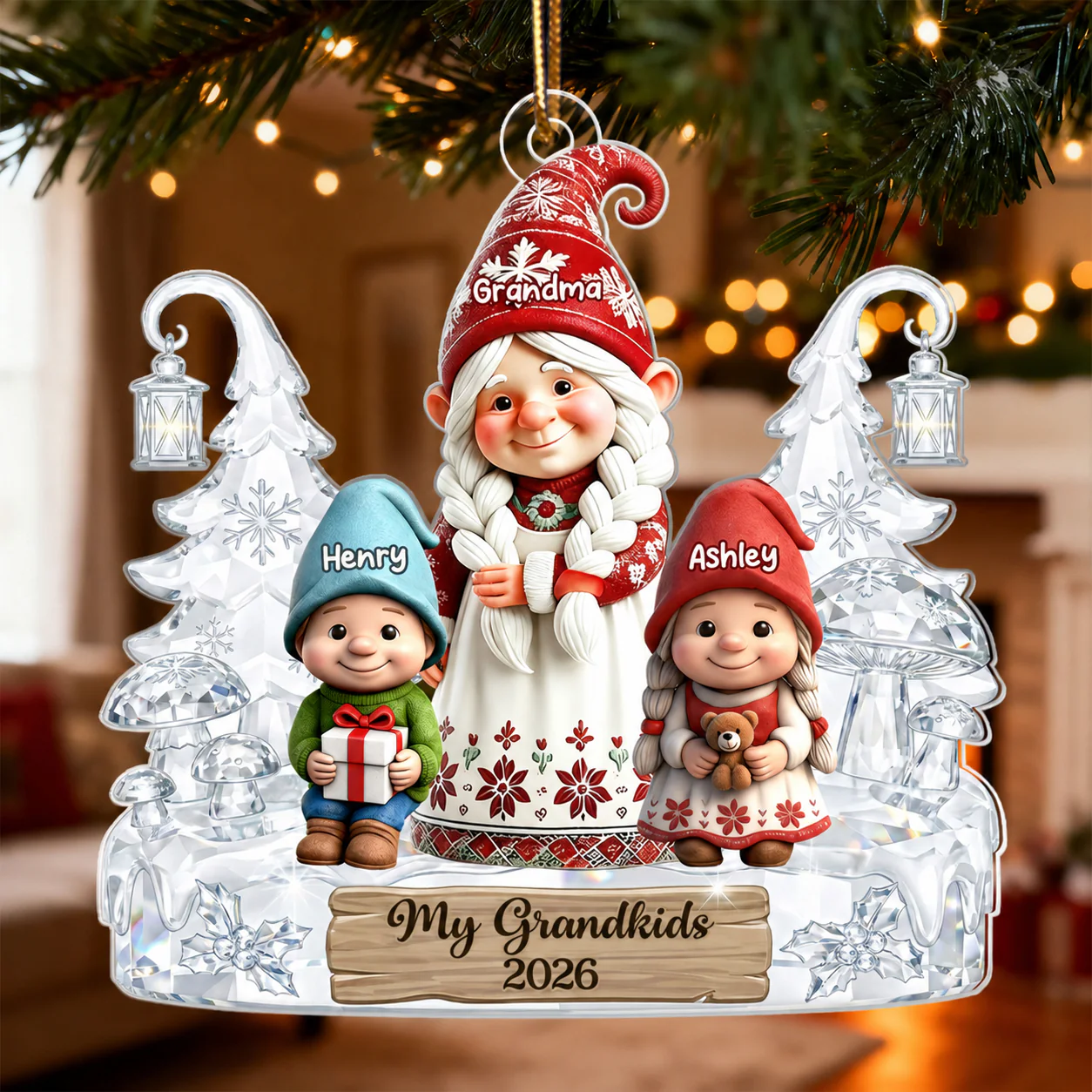 Gnome Grandma And Grandkids Pattern Crystal - Personalized Acrylic Ornament - Heartwarming Christmas Gift For Grandma, Family - Image 3