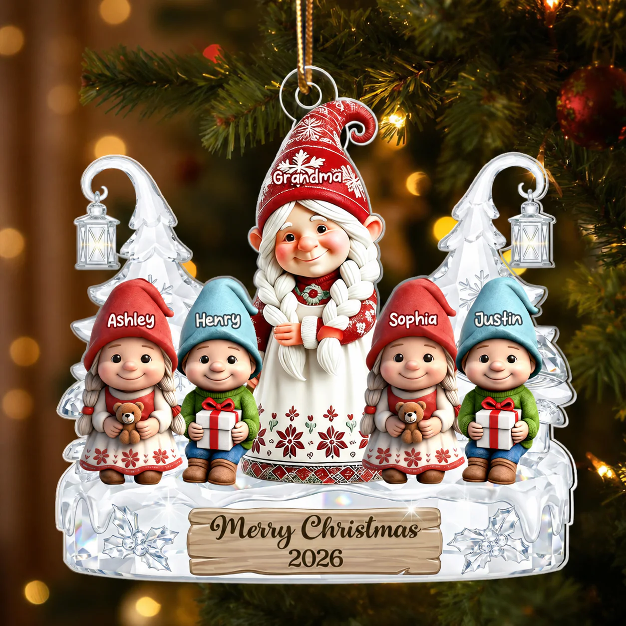 Gnome Grandma And Grandkids Pattern Crystal - Personalized Acrylic Ornament - Heartwarming Christmas Gift For Grandma, Family - Image 7