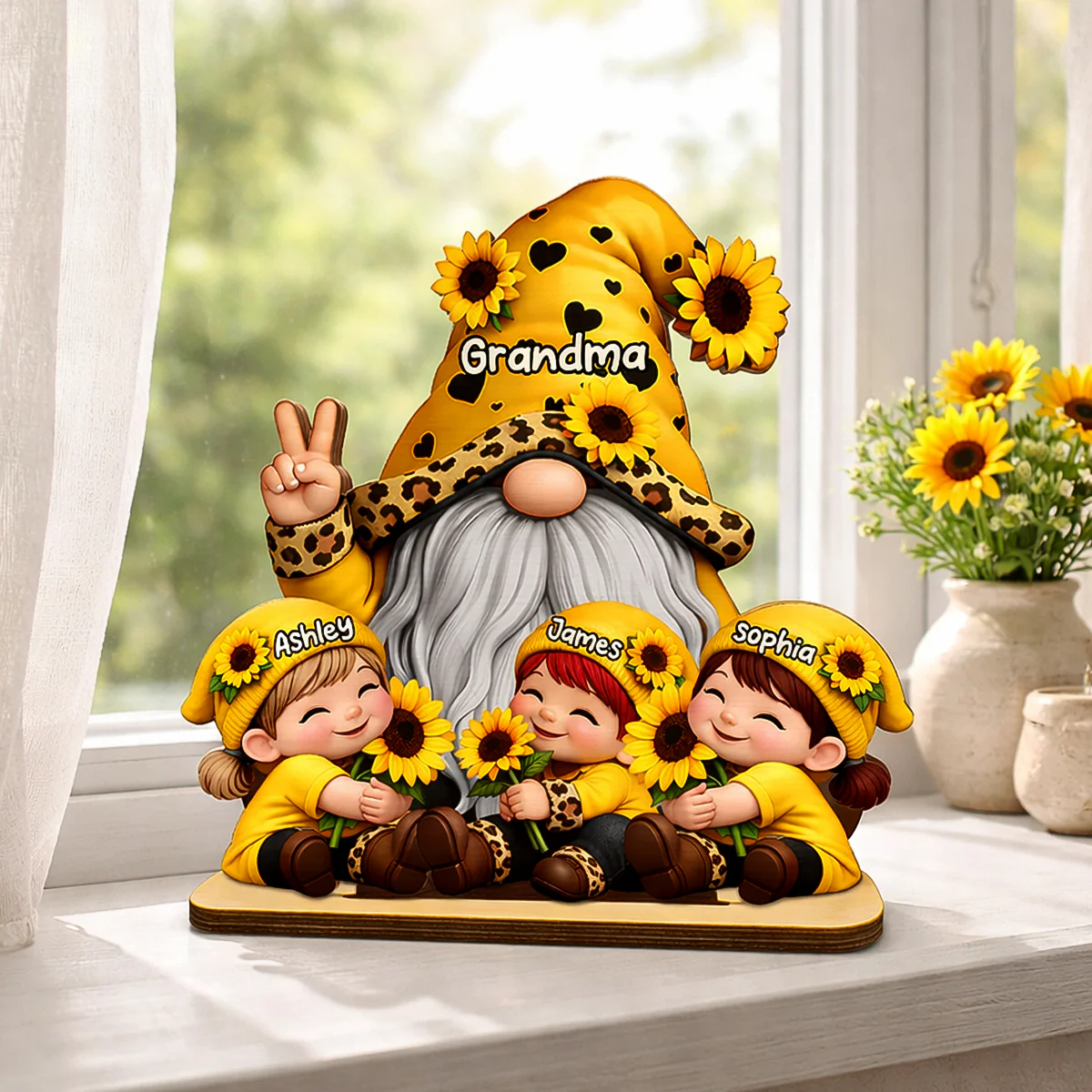 Gnome Grandma & Grandkids Sunflower - Personalized 2-Layered Wooden Plaque - Sentimental Gift for Grandma