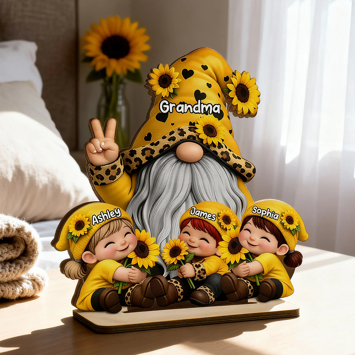 Gnome Grandma & Grandkids Sunflower - Personalized 2-Layered Wooden Plaque - Sentimental Gift for Grandma - Image 3