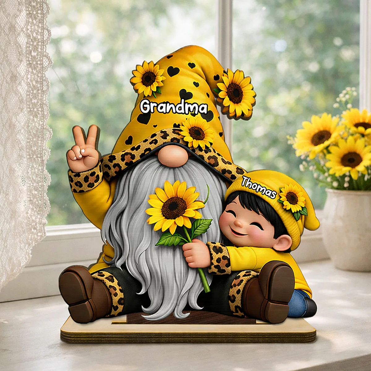 Gnome Grandma & Grandkids Sunflower - Personalized 2-Layered Wooden Plaque - Sentimental Gift for Grandma - Image 4