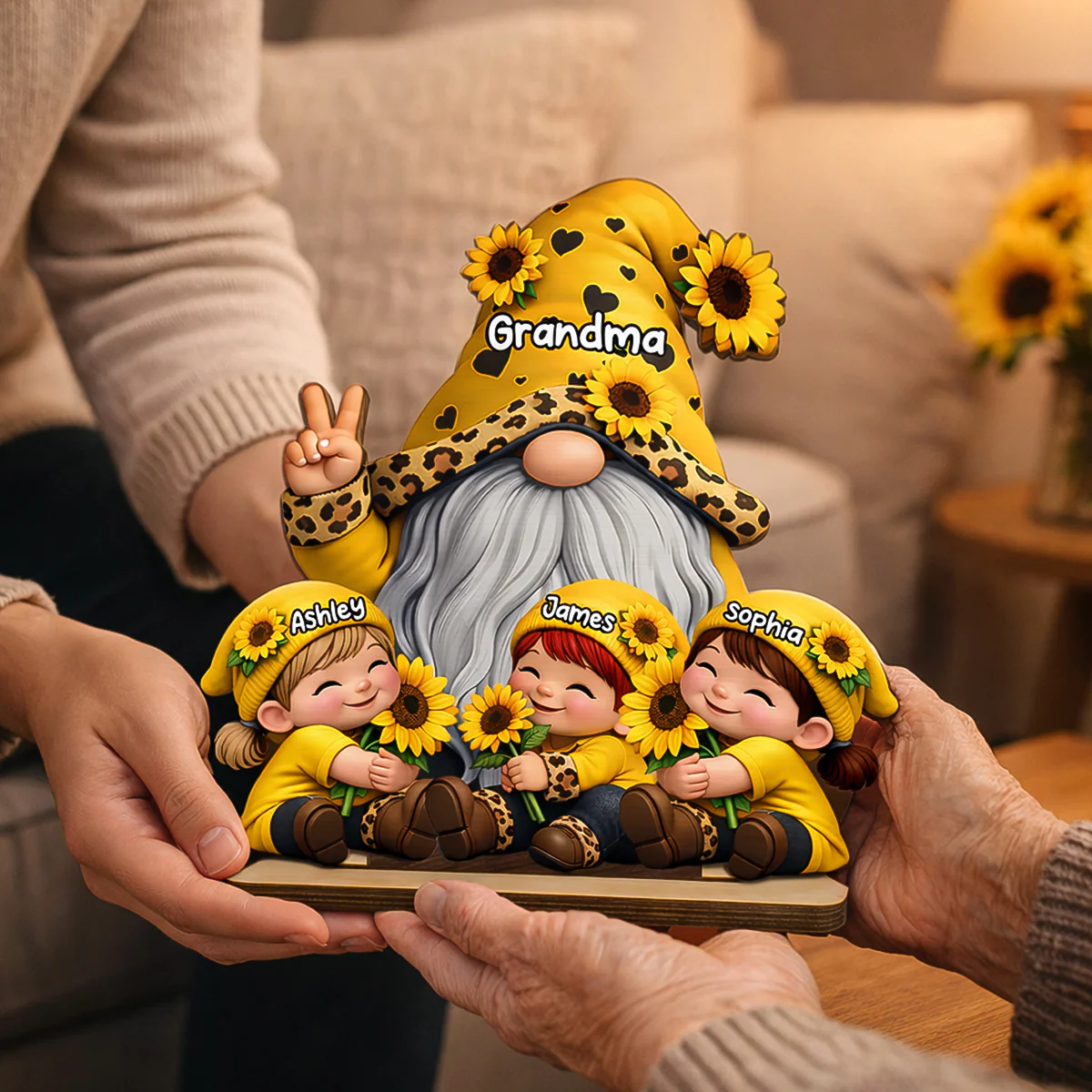 Gnome Grandma & Grandkids Sunflower - Personalized 2-Layered Wooden Plaque - Sentimental Gift for Grandma - Image 5