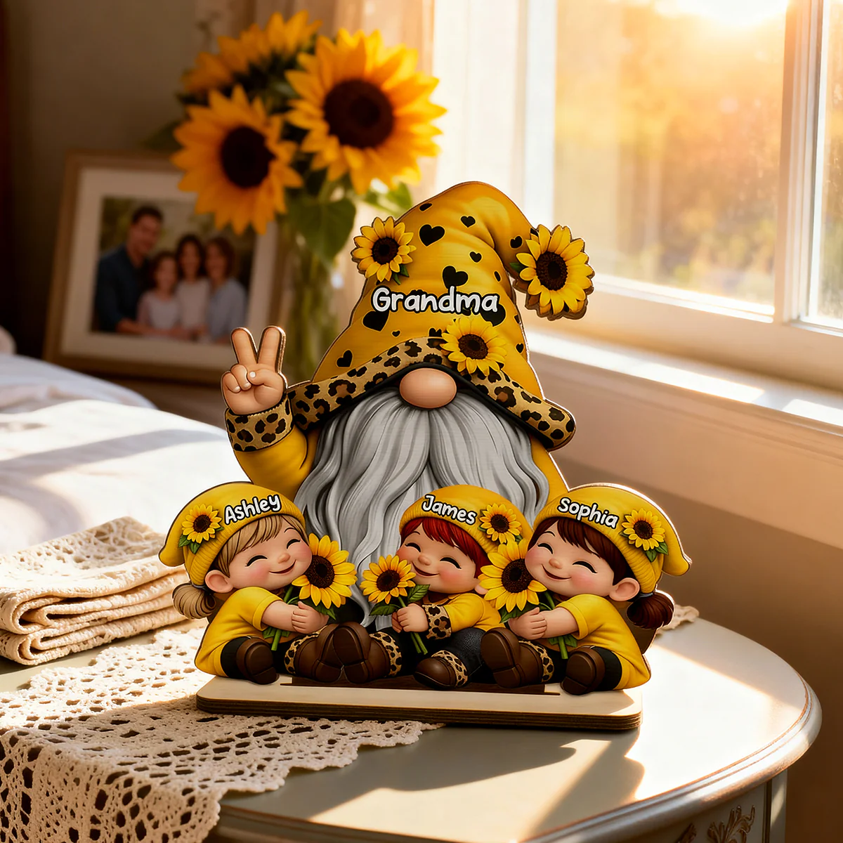 Gnome Grandma & Grandkids Sunflower - Personalized 2-Layered Wooden Plaque - Sentimental Gift for Grandma - Image 6