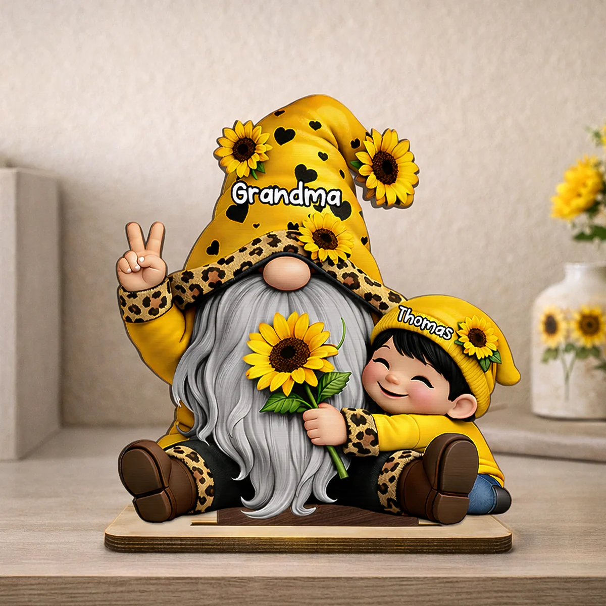 Gnome Grandma & Grandkids Sunflower - Personalized 2-Layered Wooden Plaque - Sentimental Gift for Grandma - Image 7