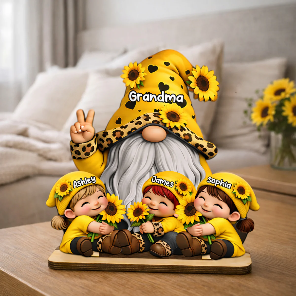 Gnome Grandma & Grandkids Sunflower - Personalized 2-Layered Wooden Plaque - Sentimental Gift for Grandma - Image 8