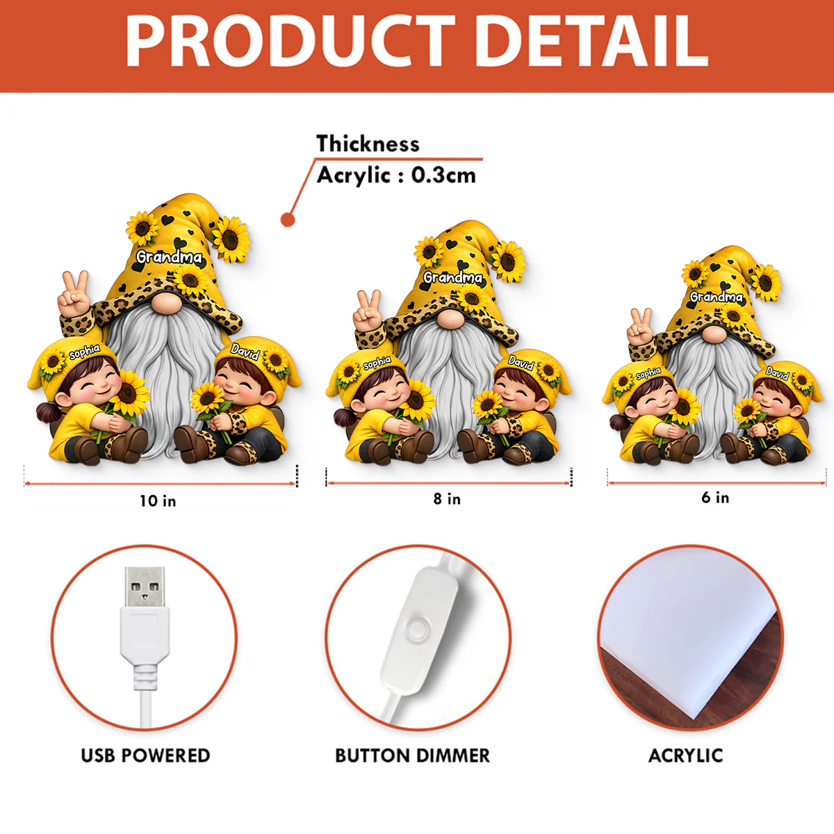 Gnome Grandma & Grandkids Sunflower - Personalized Light Box - Sentimental Gift for Grandma - Image 10