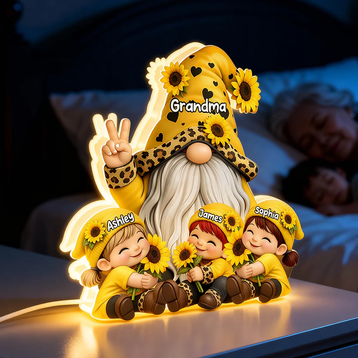 Gnome Grandma & Grandkids Sunflower - Personalized Light Box - Sentimental Gift for Grandma - Image 4
