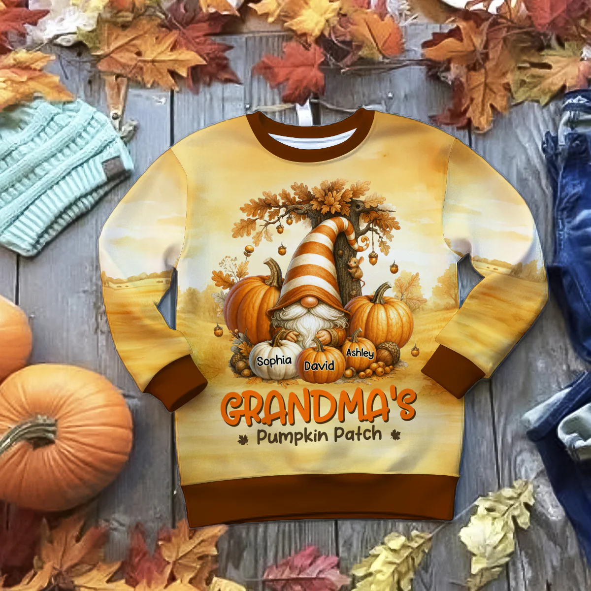Gnome Grandma's Pumpkin 3D Personalized Fall Sweatshirt, Cozy Fall Sweatshirt for Grandma - Image 7