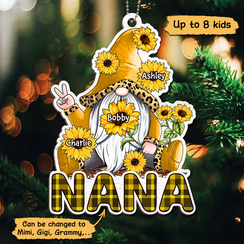 Gnome Sunflower Grandma Personalized Wooden Ornament - Image 3