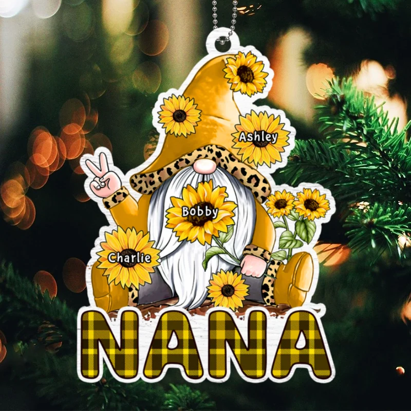 Gnome Sunflower Grandma Personalized Wooden Ornament - Image 4