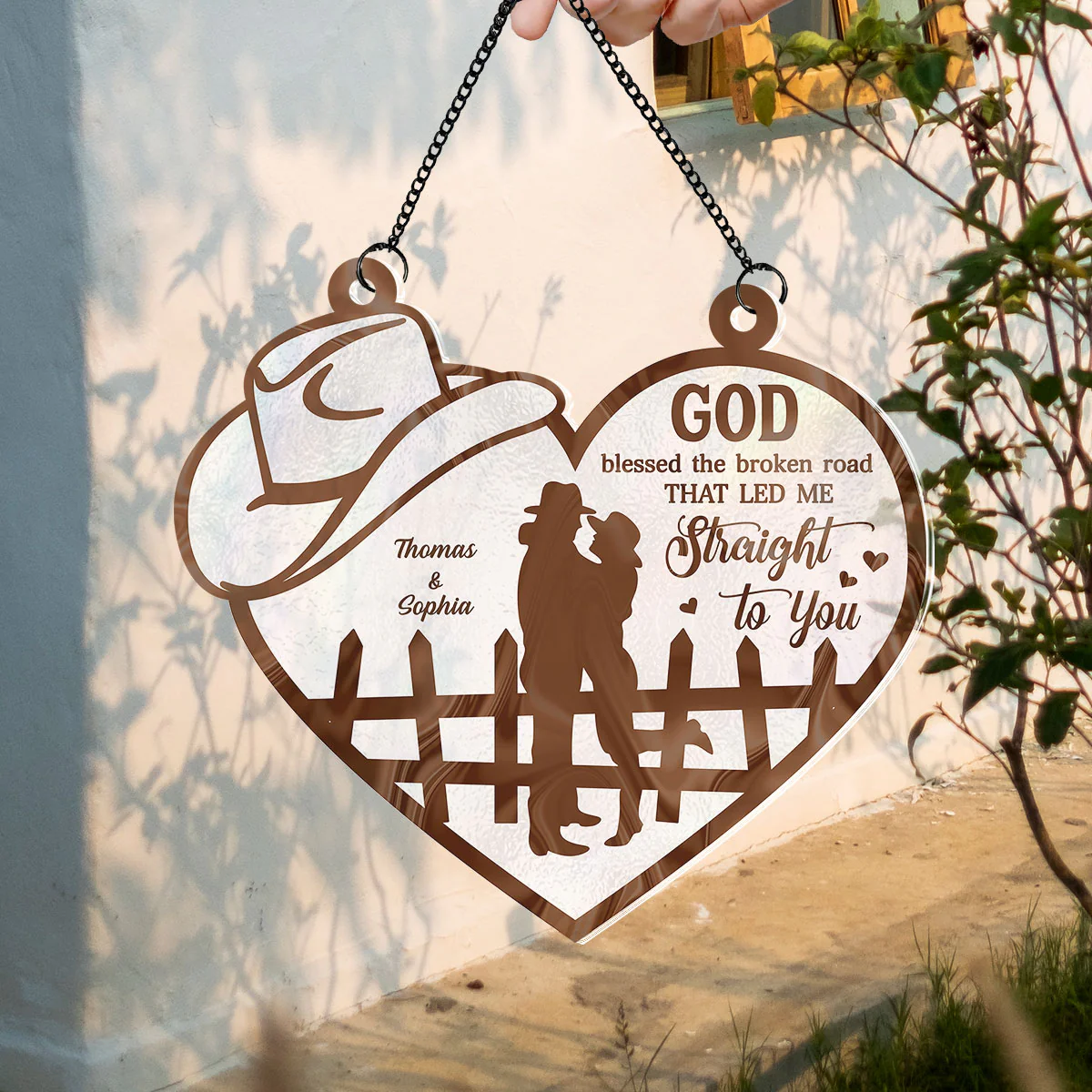 God Blessed The Broken Road Country Vibe Couple Personalized Acrylic Suncatcher - Image 6
