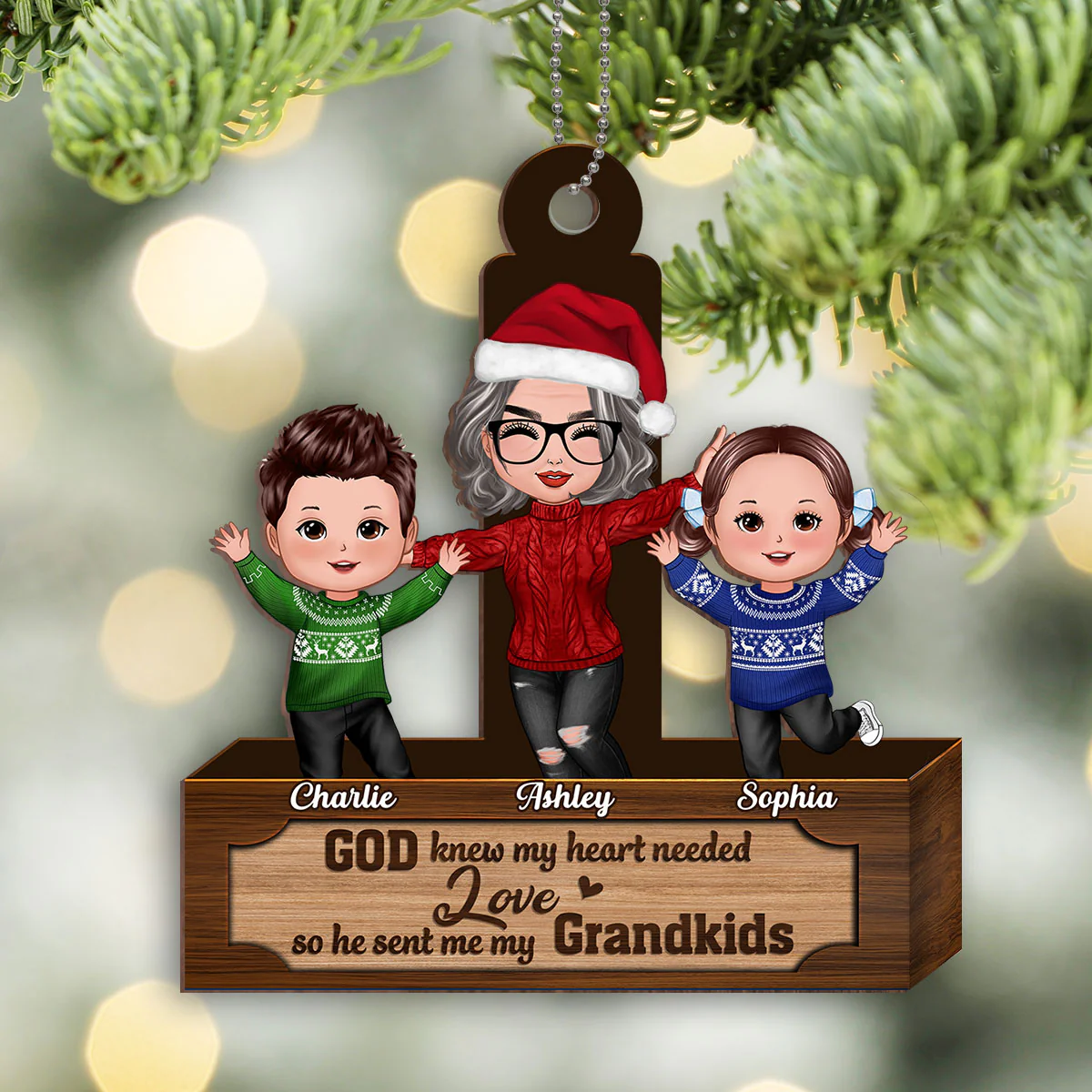 God Knew My Heart Needed Love Grandma Grandkids Personalized Wooden Ornament - Image 2