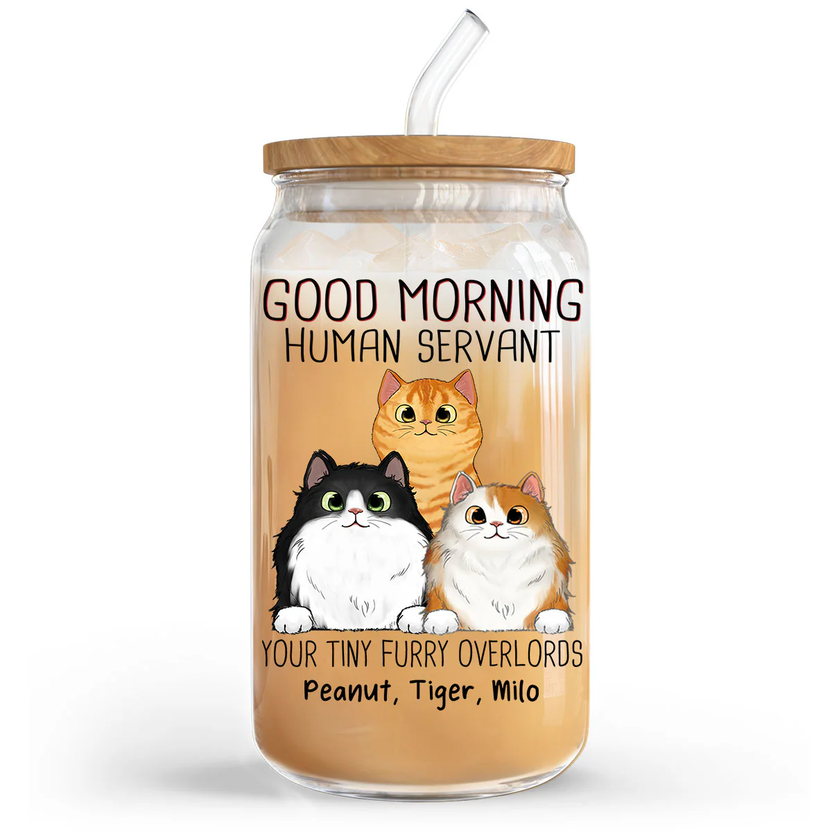 Good Morning Cat Human Servant Funny Gift For Cat Lovers Personalized Clear Glass Can - Image 3