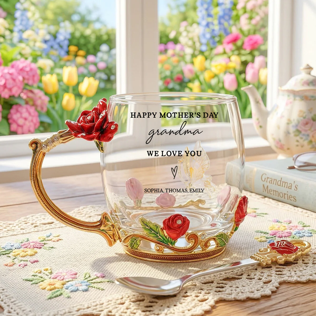 Good Morning Happy Mother's Day Grandma Mom - Personalized Enamel Flower Tea Cup - Gift For Grandma, Mom - Image 2