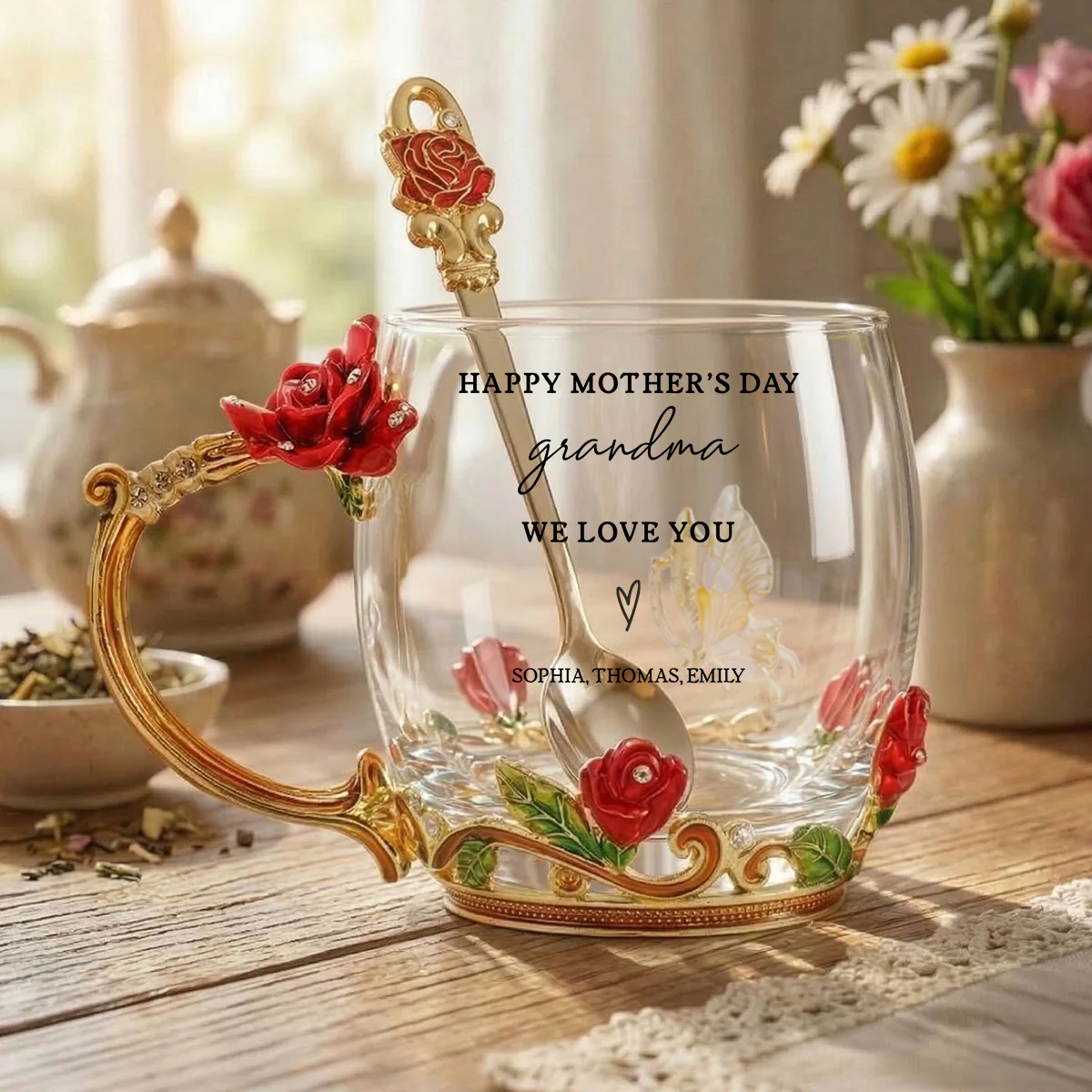Good Morning Happy Mother's Day Grandma Mom - Personalized Enamel Flower Tea Cup - Gift For Grandma, Mom - Image 3