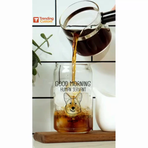 Good Morning Human Servant Dog Head Outline Gift For Dog Lover Personalized Clear Glass Can - Image 2
