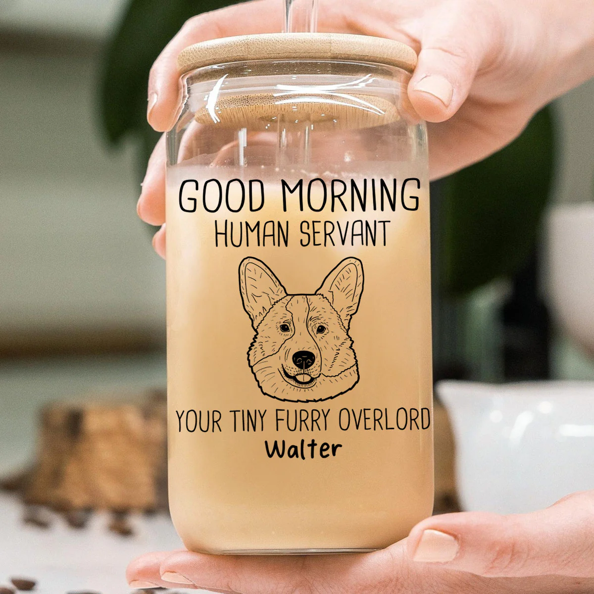 Good Morning Human Servant Dog Head Outline Gift For Dog Lover Personalized Clear Glass Can - Image 4