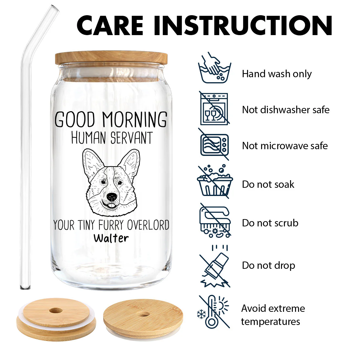 Good Morning Human Servant Dog Head Outline Gift For Dog Lover Personalized Clear Glass Can - Image 7