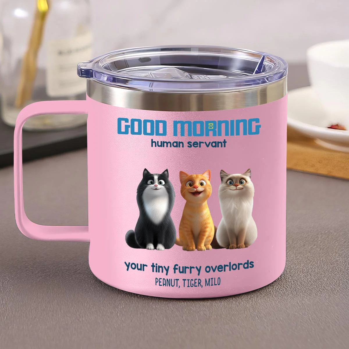 Good Morning Human Servant Personalized Stainless Steel Tumbler With Handle, Unique Gift for Cat Mom Cat Dad - Image 2