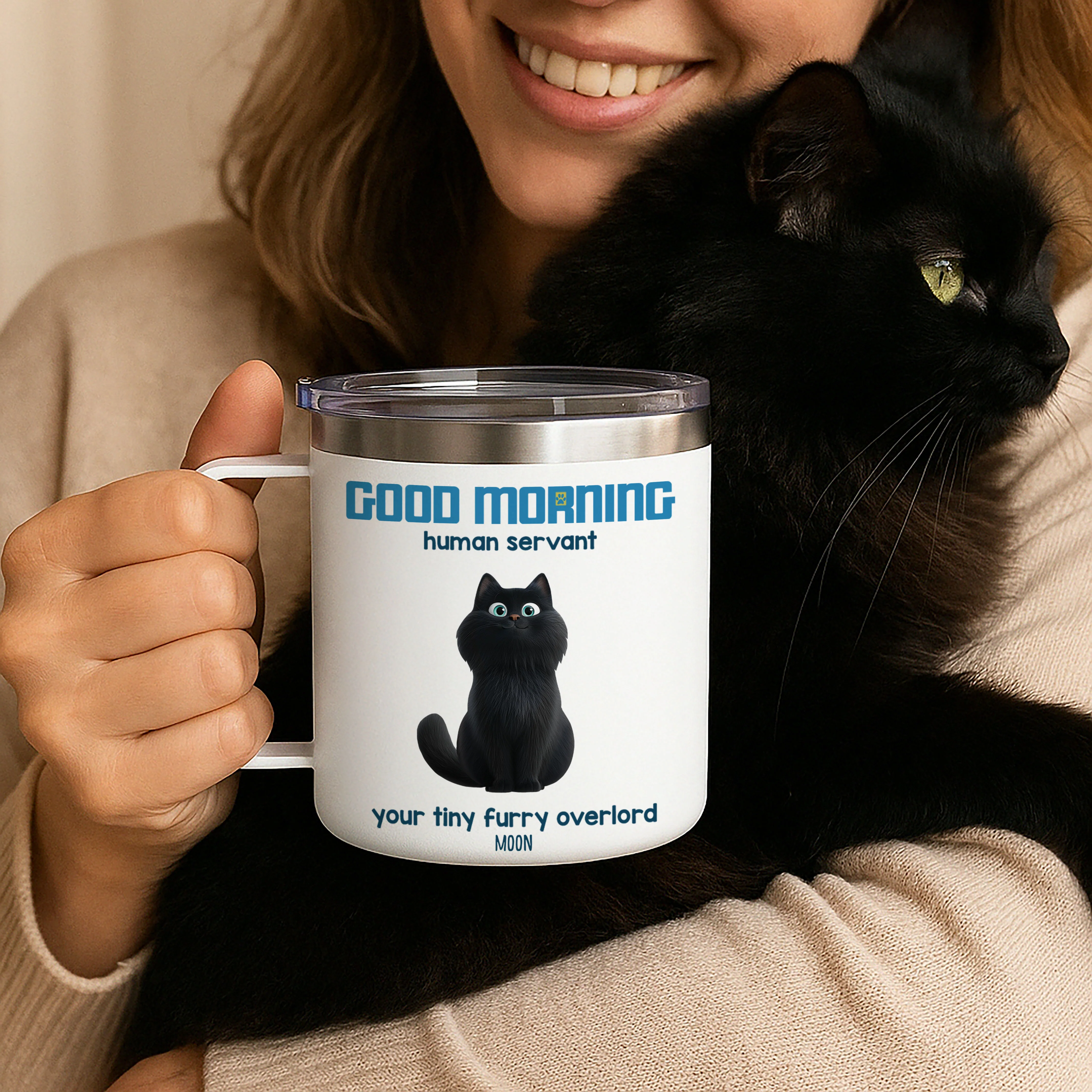 Good Morning Human Servant Personalized Stainless Steel Tumbler With Handle, Unique Gift for Cat Mom Cat Dad - Image 3