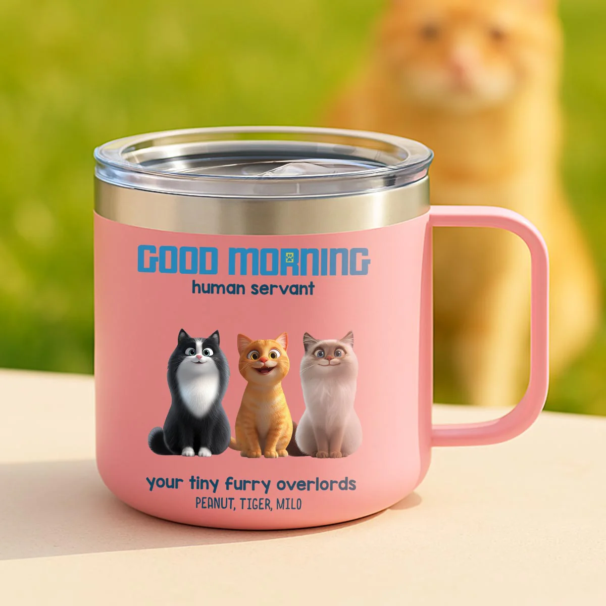 Good Morning Human Servant Personalized Stainless Steel Tumbler With Handle, Unique Gift for Cat Mom Cat Dad - Image 4