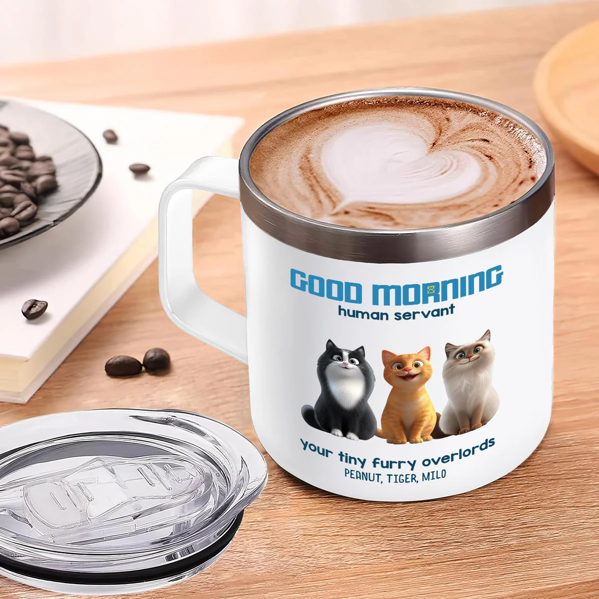 Good Morning Human Servant Personalized Stainless Steel Tumbler With Handle, Unique Gift for Cat Mom Cat Dad - Image 7