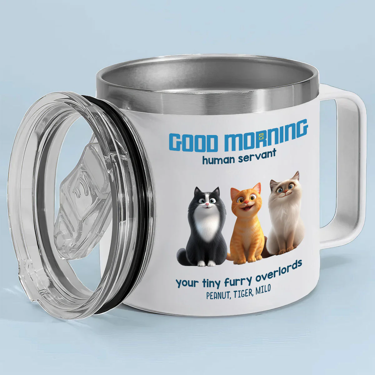 Good Morning Human Servant Personalized Stainless Steel Tumbler With Handle, Unique Gift for Cat Mom Cat Dad - Image 9