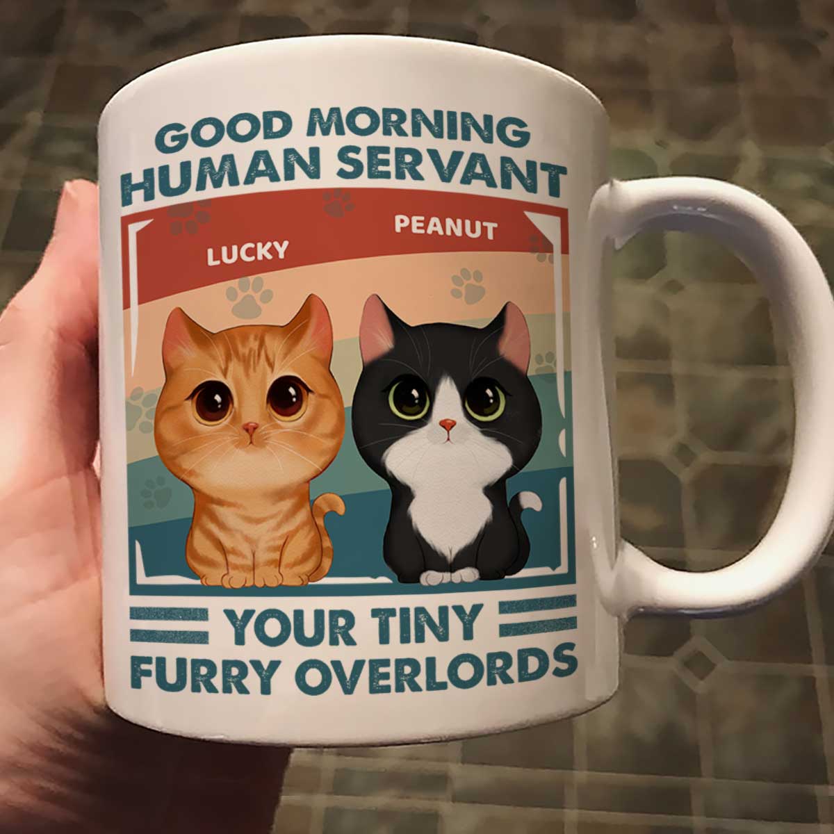 Good Morning Human Servant Retro Watercolor Cute Cats Personalized Mug - Image 2