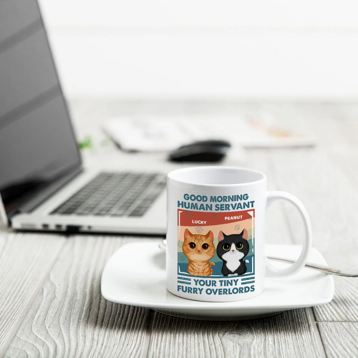 Good Morning Human Servant Retro Watercolor Cute Cats Personalized Mug - Image 4