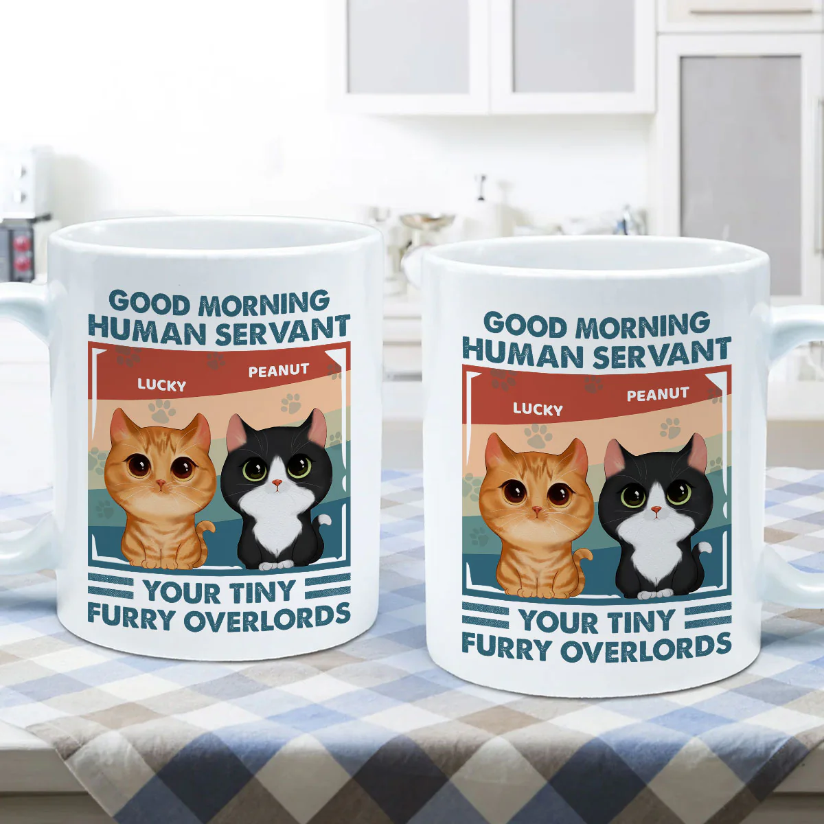 Good Morning Human Servant Retro Watercolor Cute Cats Personalized Mug - Image 5