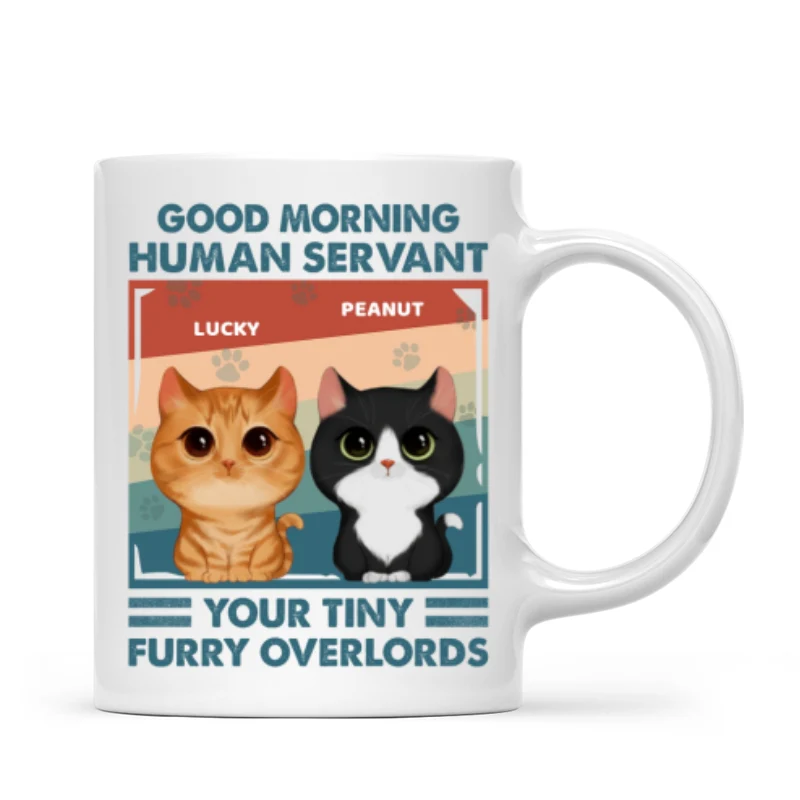 Good Morning Human Servant Retro Watercolor Cute Cats Personalized Mug - Image 6