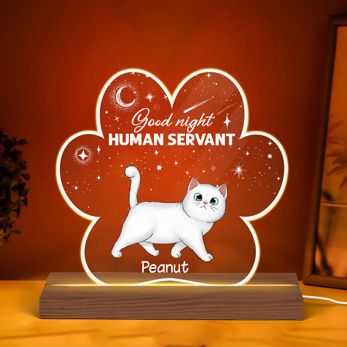 Good Night Human Servant Fluffy Cat Paw Shaped Personalized Custom Shape Acrylic Plaque With LED Night Light