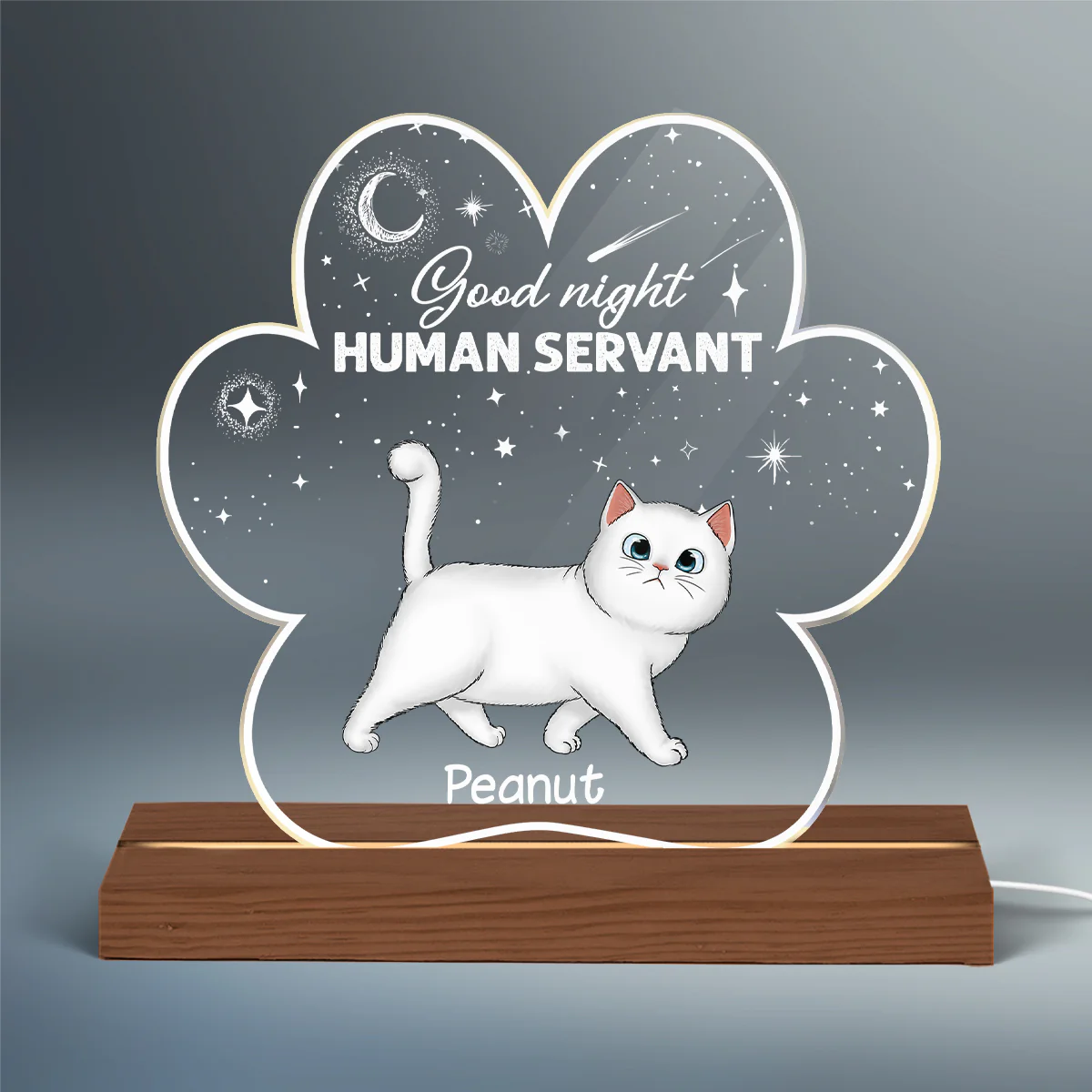 Good Night Human Servant Fluffy Cat Paw Shaped Personalized Custom Shape Acrylic Plaque With LED Night Light - Image 2