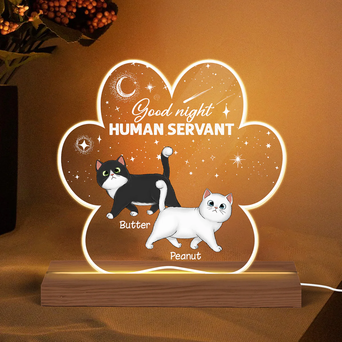 Good Night Human Servant Fluffy Cat Paw Shaped Personalized Custom Shape Acrylic Plaque With LED Night Light - Image 3