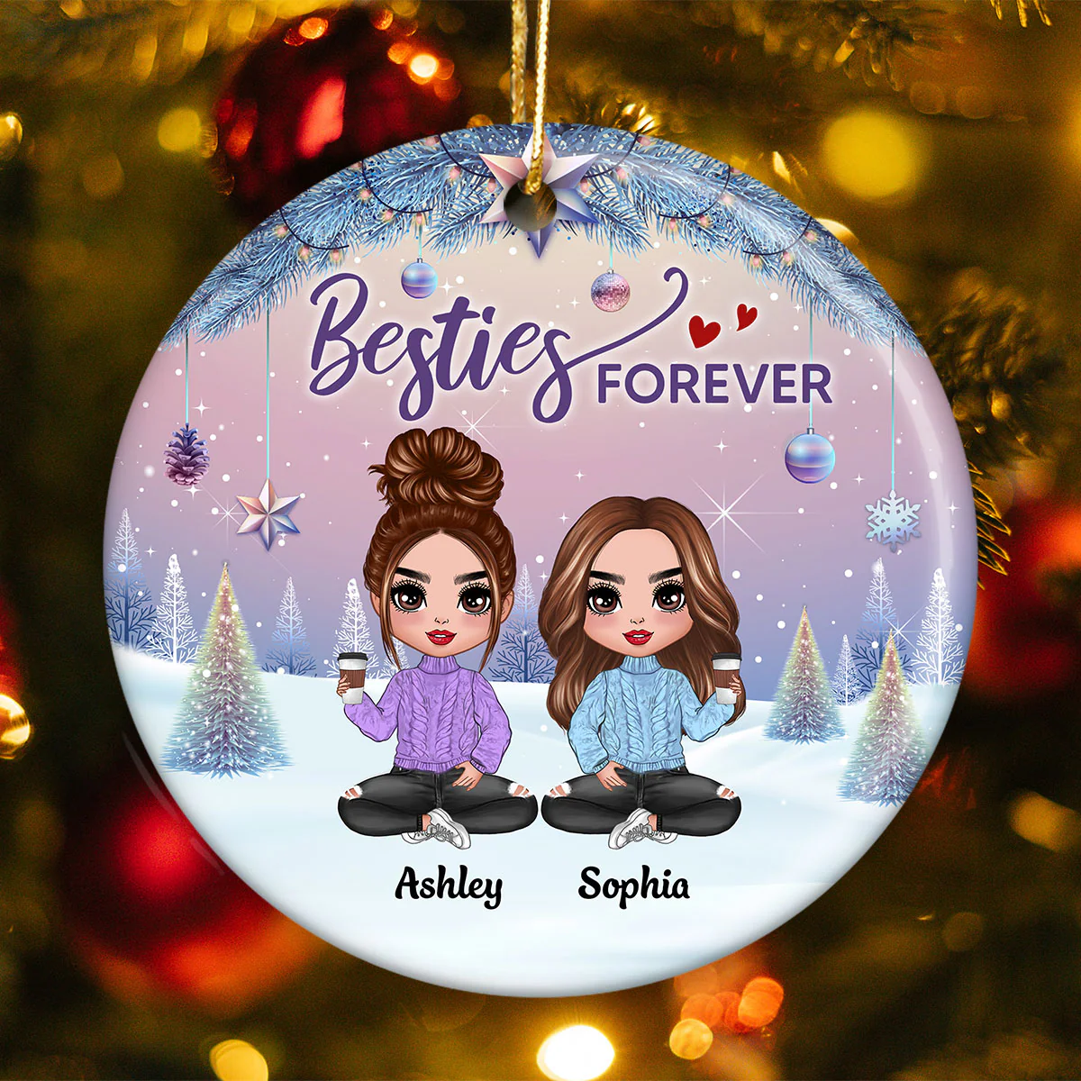Gradient Background Christmas Besties Sisters Personalized Circle Ornament - Image 10
