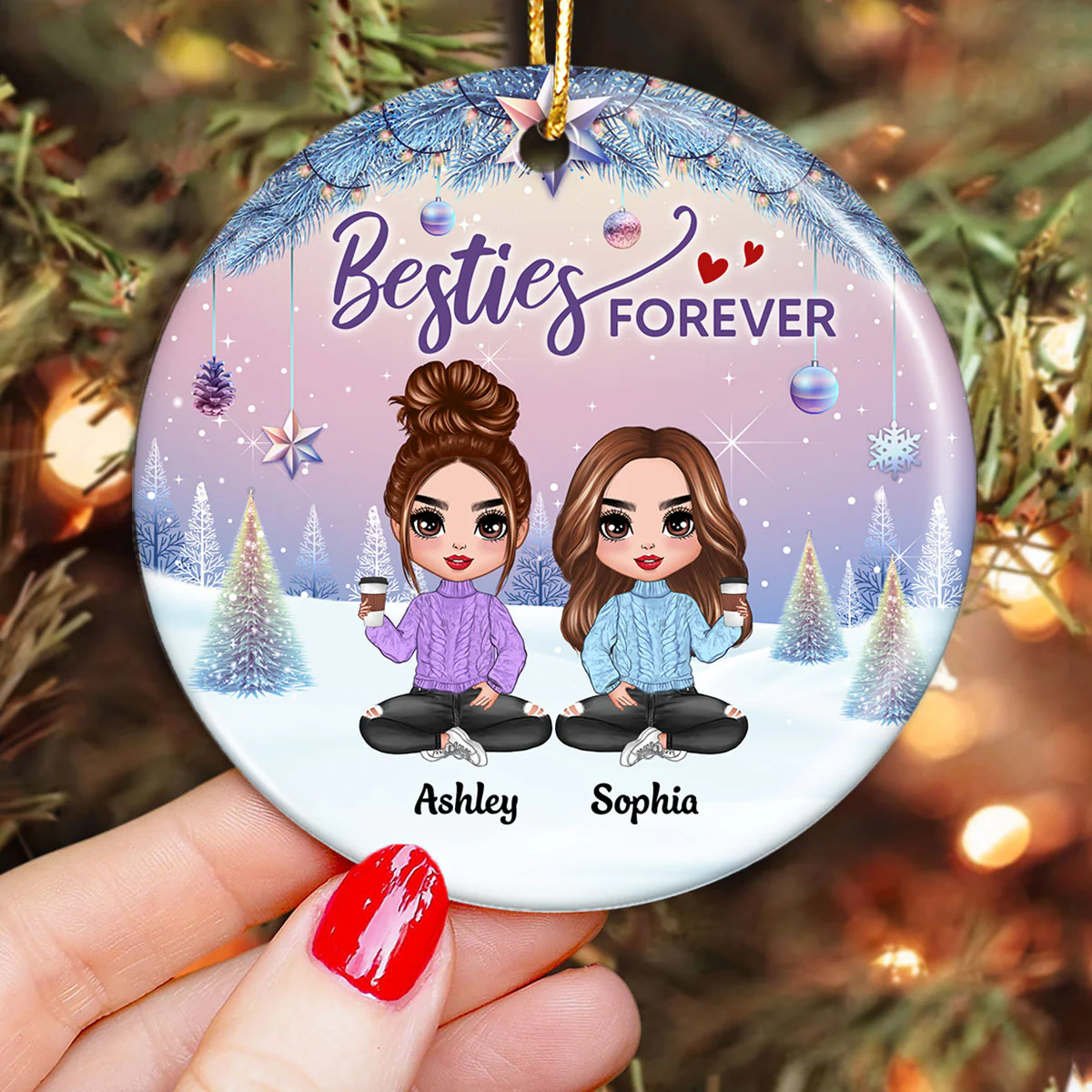 Gradient Background Christmas Besties Sisters Personalized Circle Ornament - Image 11