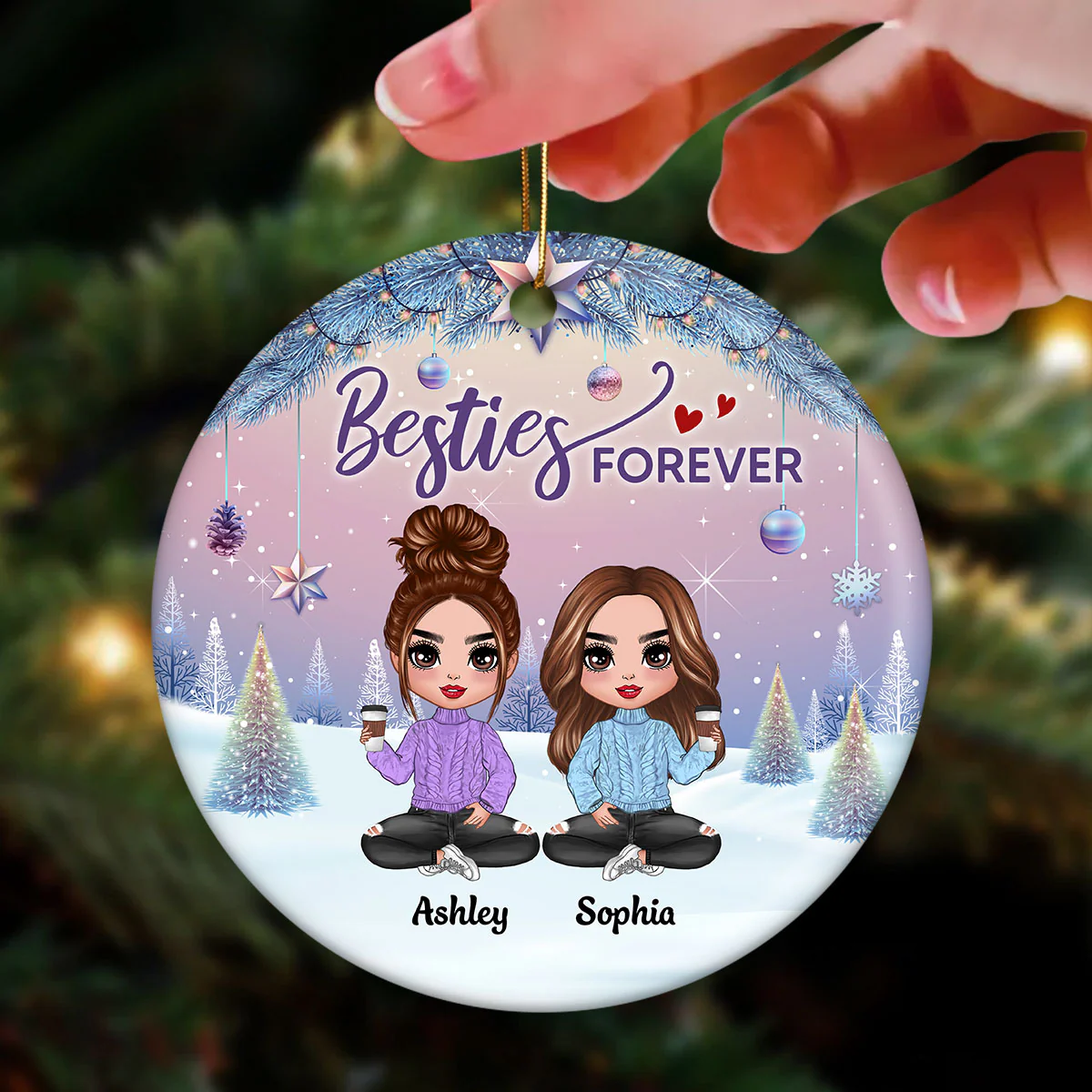 Gradient Background Christmas Besties Sisters Personalized Circle Ornament - Image 12